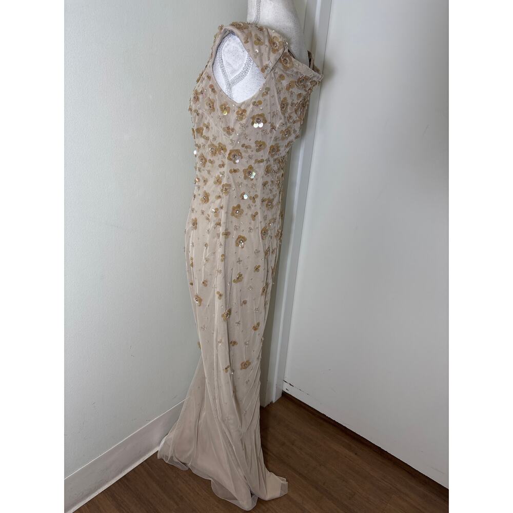 NWT Adrianna Papell Champagne Off the Shoulder Beaded Column Gown Sz 8 - Picture 3 of 5
